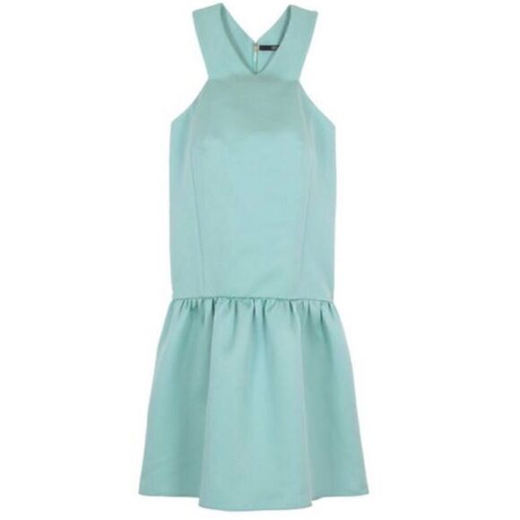 Tibi, Turquoise Satin Drop Waist Sleeveless Racerback Dress w/ Pockets Women’s 2 - Picture 4 of 10